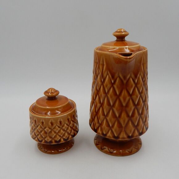 Brown Raised Diamond Pattern Footed Coffee Pot Sugar Bowl Japan Lidded Vintage - Picture 4 of 16